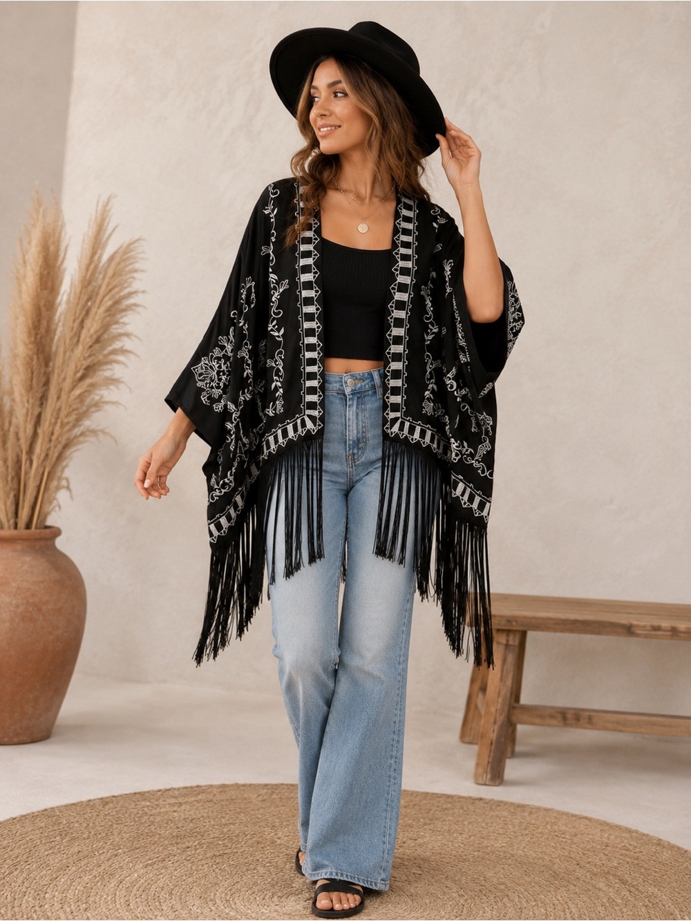 Rue21 Black Boho Embroidered Kimono Fringe Open Front Festival Size M